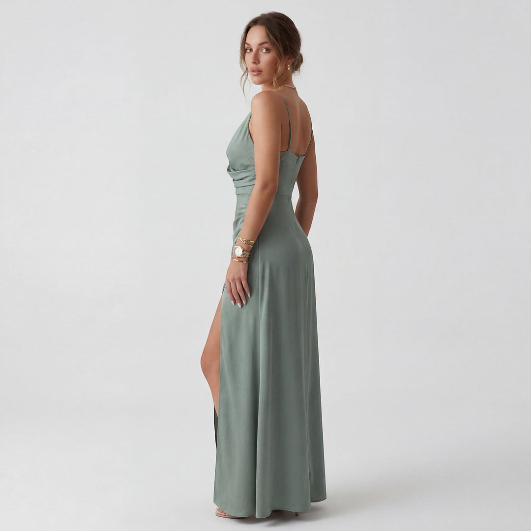 Women's V-Neck Slip Dress Silky Fabric Slim Fit – Side Slit Spaghetti Strap