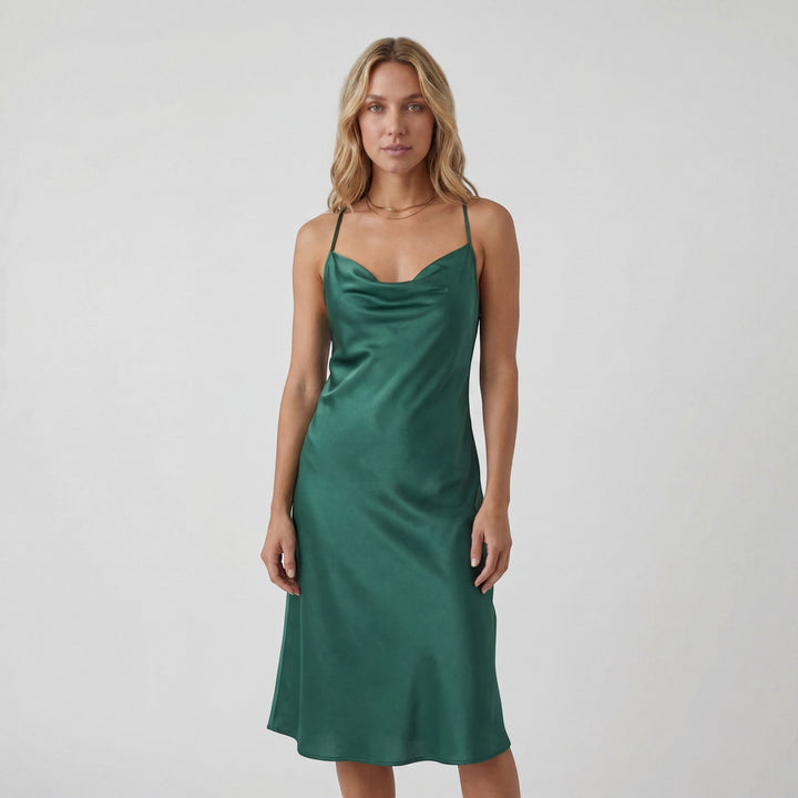 Women's Satin Slip Dress Bias Cut – Draped Neckline Adjustable Straps