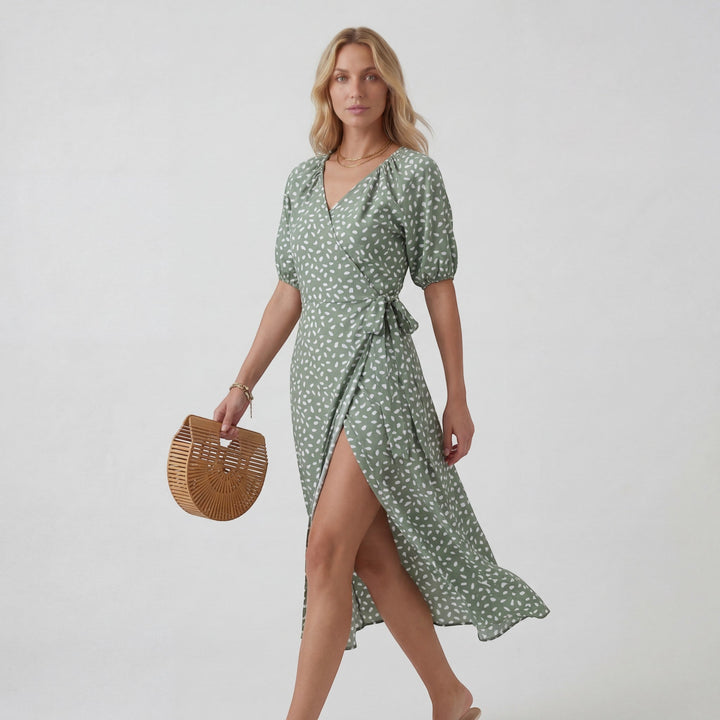 Women's Lightweight Fabric Midi Dress V-Neck – A-Line Short Sleeve Slit