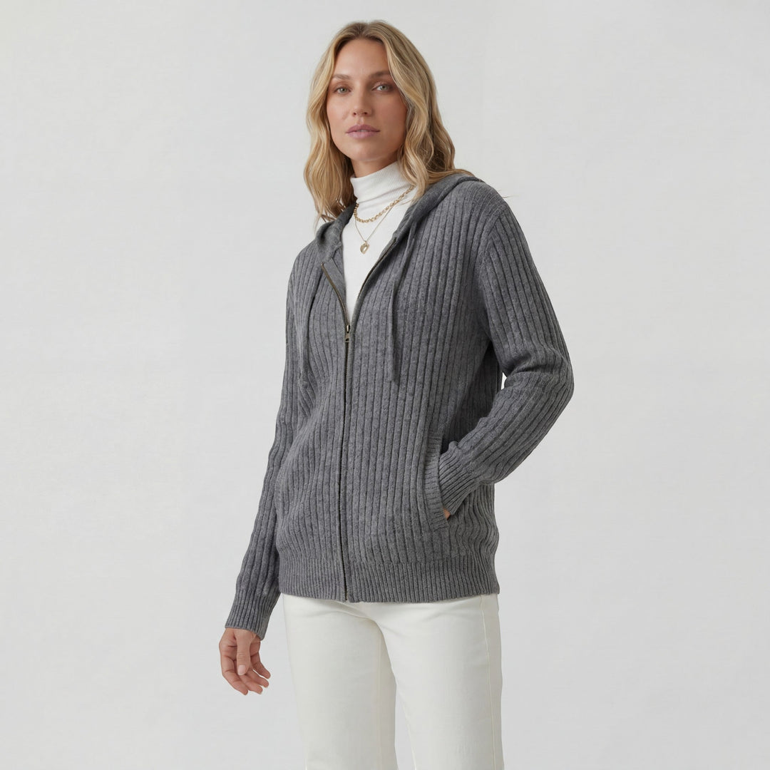 Women's Ribbed Knit Zip-Up Hoodie Cardigan – Oversized Full-Zip Style