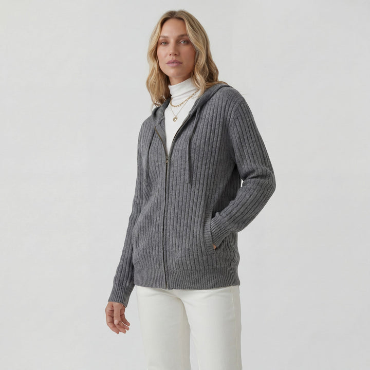 Women's Ribbed Knit Zip-Up Hoodie Cardigan – Oversized Full-Zip Style