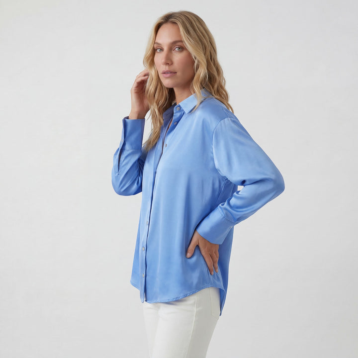 Women's Satin Long Sleeve Draped Blouse – Relaxed Fit Fluid Silhouette