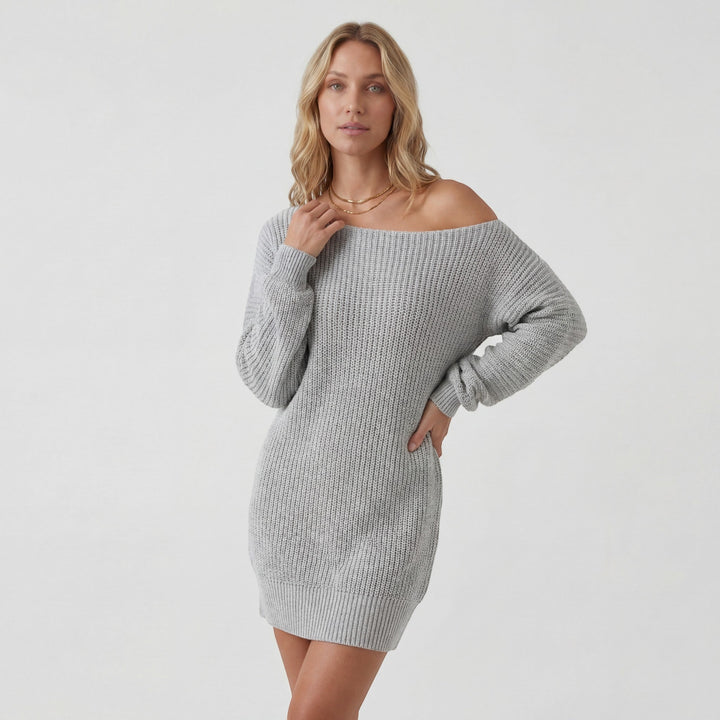 Women's Textured Knit Mini Sweater Dress – Off-Shoulder Lantern