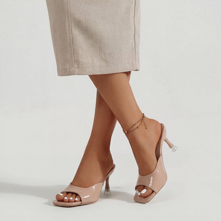 Women's Patent Leather Heeled Mules – Square Toe Slip-On Rubber Sole