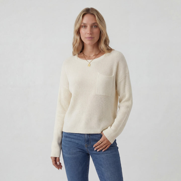 Women's Knit Sweater – Ribbed Knit Crew Neck Relaxed Fit Chest Pocket