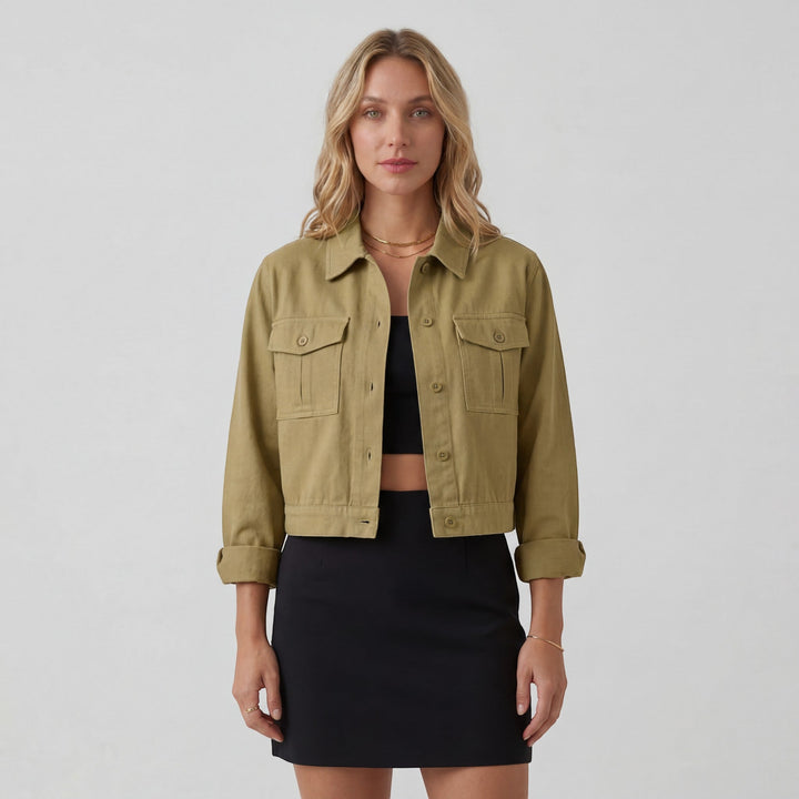 Women's Cotton Blend Cropped Jacket – Button Front Relaxed Fit Lightweight