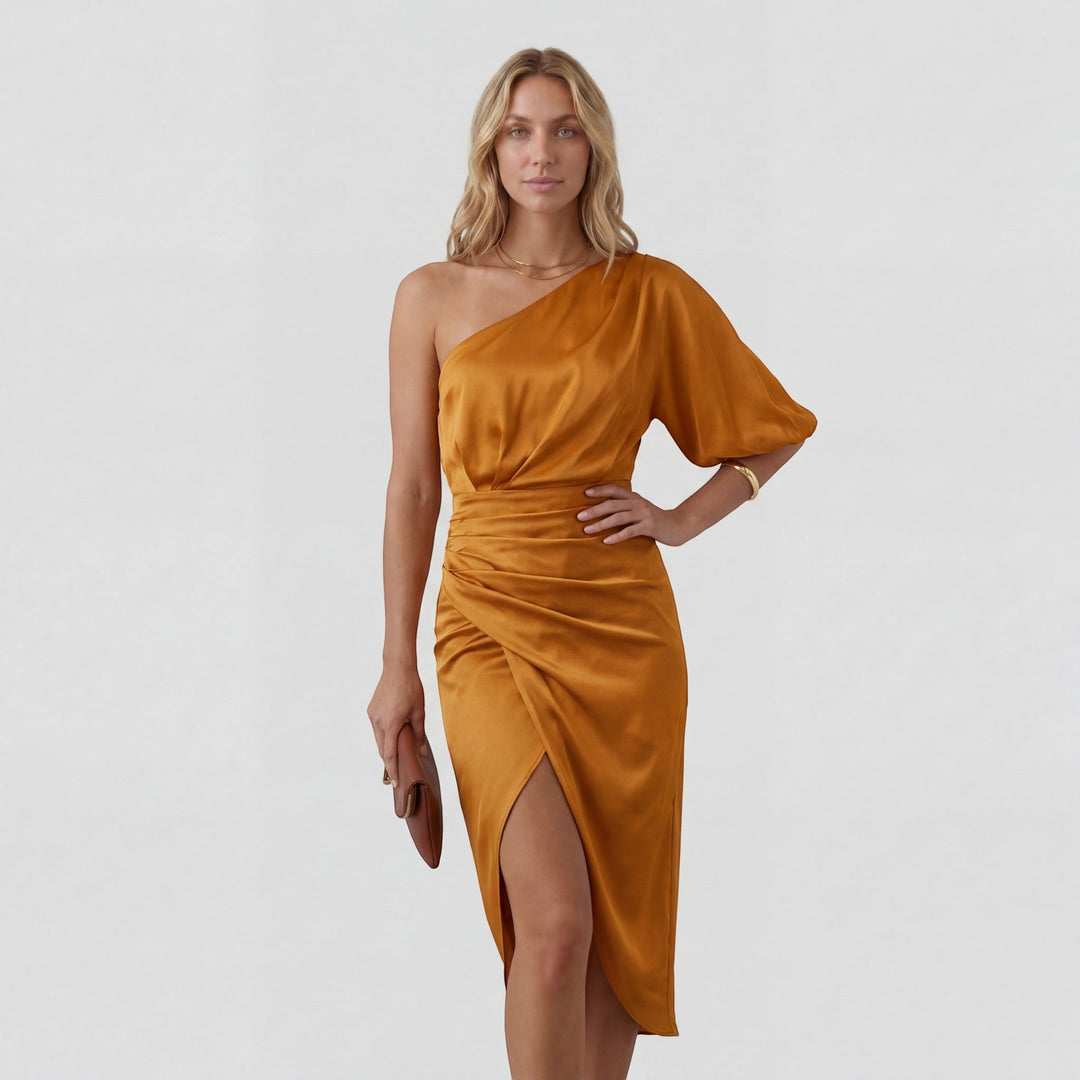 Women's Cotton Blend Midi Dress One Shoulder – Slim Fit Side Slit