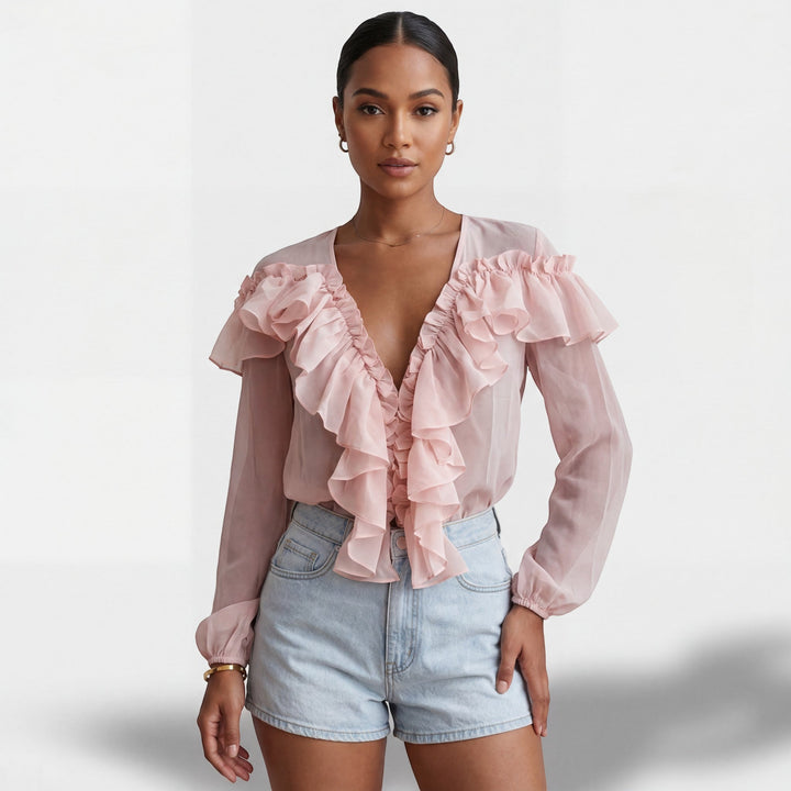 Women's Chiffon V-Neck Blouse – Ruffle Collar Long Sleeve Relaxed