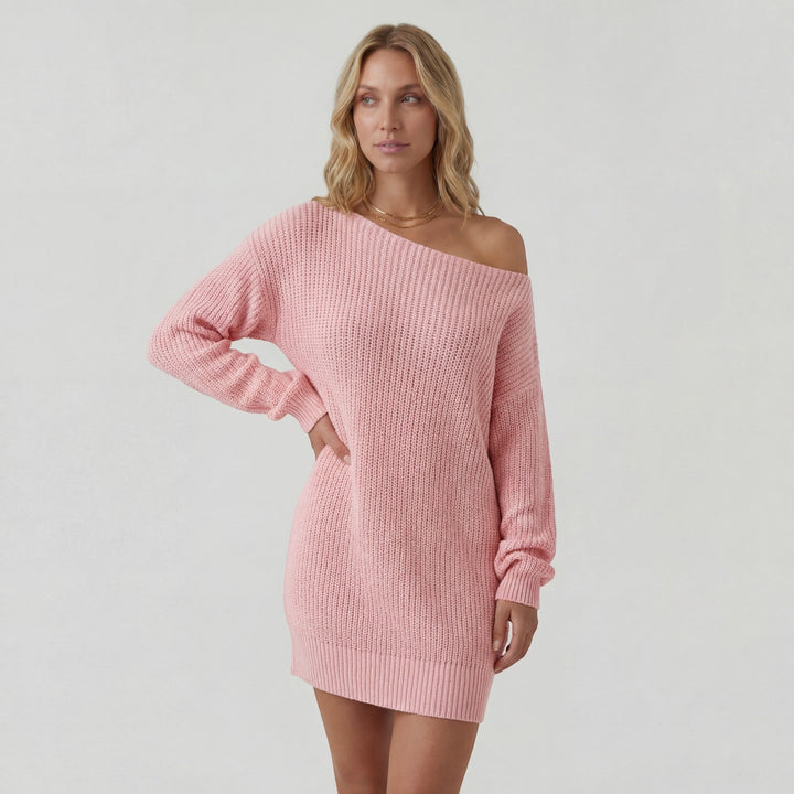 Women's Textured Knit Mini Sweater Dress – Off-Shoulder Lantern