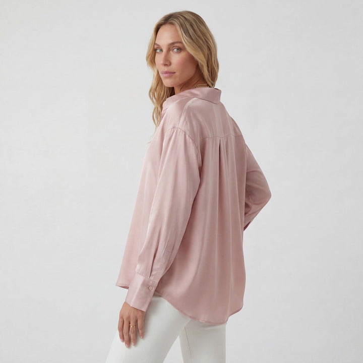 Women's Satin Long Sleeve Draped Blouse – Relaxed Fit Fluid Silhouette