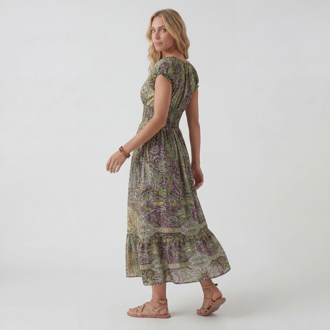 Women's Woven Fabric Maxi Dress Bohemian V-Neck – Relaxed Flowing