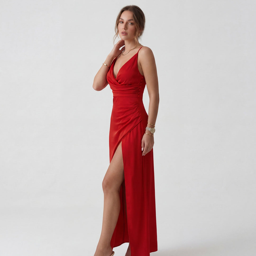 Women's V-Neck Slip Dress Silky Fabric Slim Fit – Side Slit Spaghetti Strap