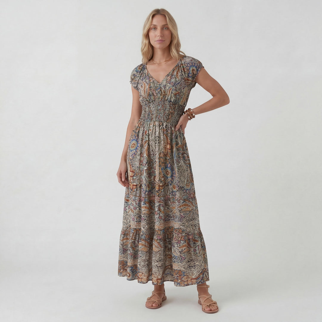 Women's Woven Fabric Maxi Dress Bohemian V-Neck – Relaxed Flowing
