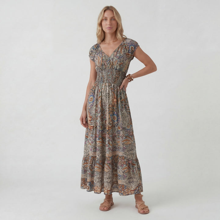 Women's Woven Fabric Maxi Dress Bohemian V-Neck – Relaxed Flowing