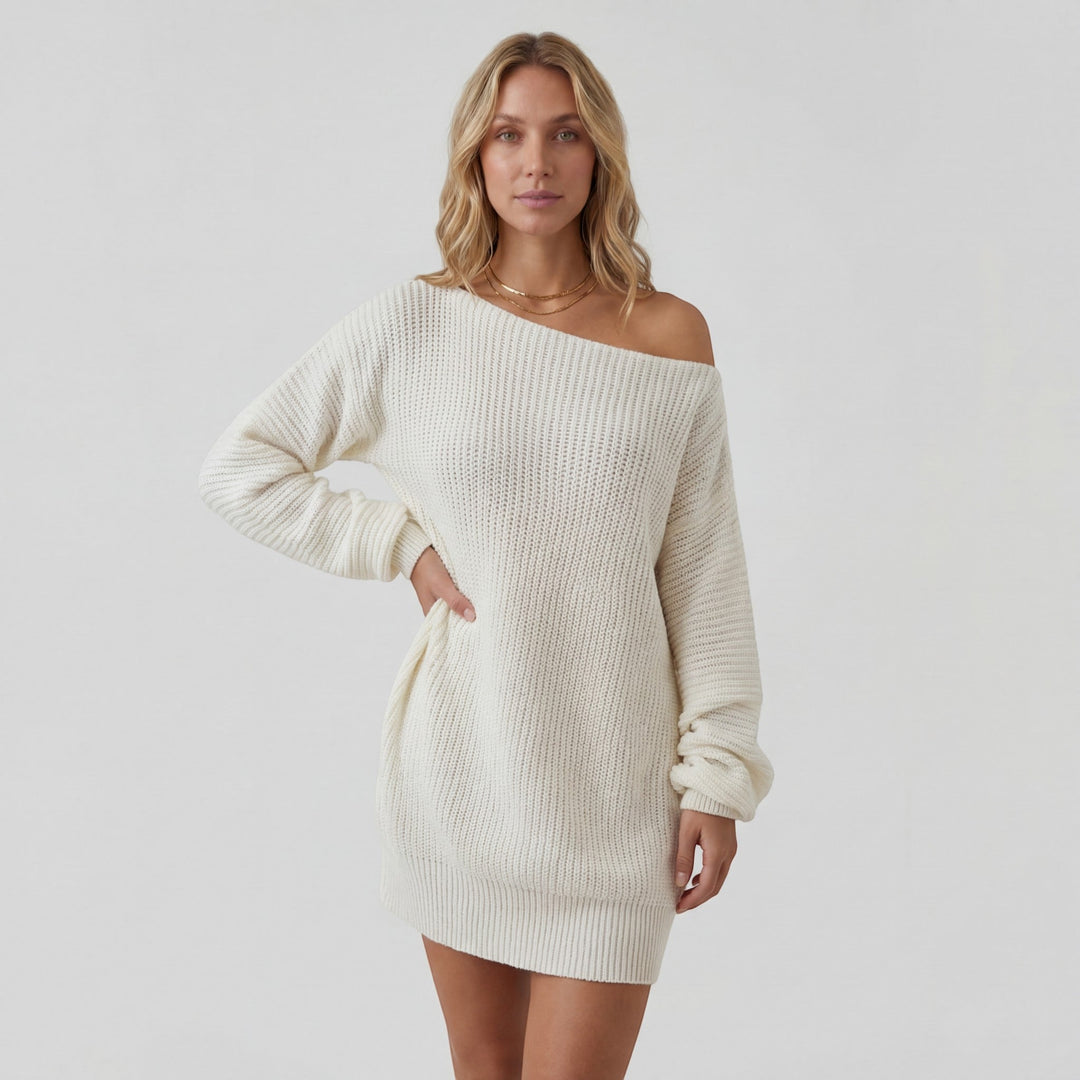 Women's Textured Knit Mini Sweater Dress – Off-Shoulder Lantern