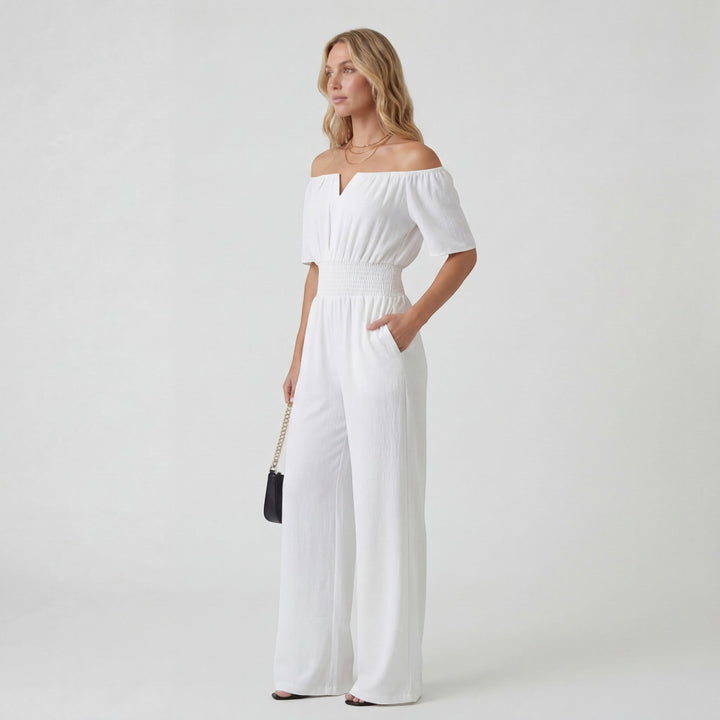 Women's Woven Jumpsuit Off Shoulder – Wide Leg Relaxed Lightweight