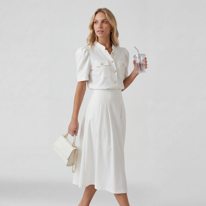 Women's Lightweight Acrylic Blouse Midi Skirt Set – Defined Waist Co-Ord