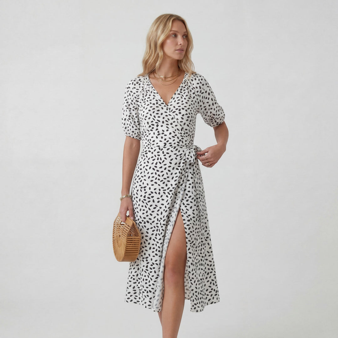 Women's Lightweight Fabric Midi Dress V-Neck – A-Line Short Sleeve Slit