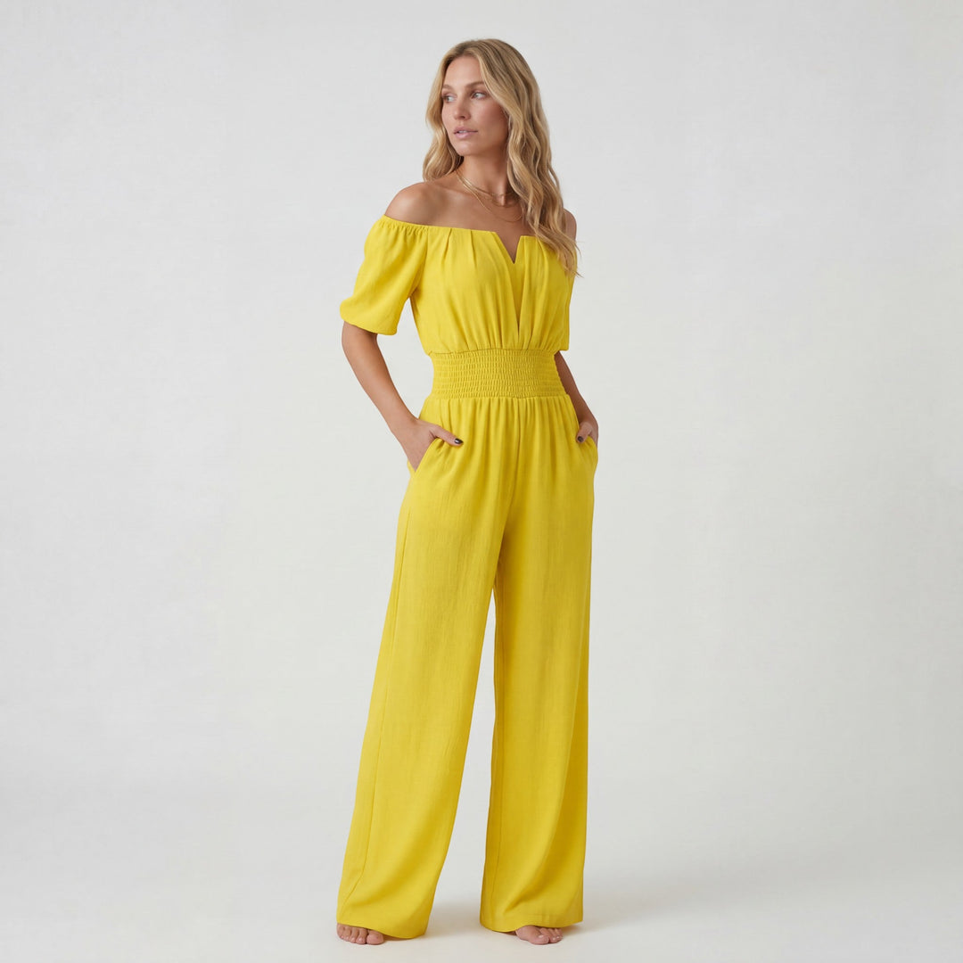 Women's Woven Jumpsuit Off Shoulder – Wide Leg Relaxed Lightweight