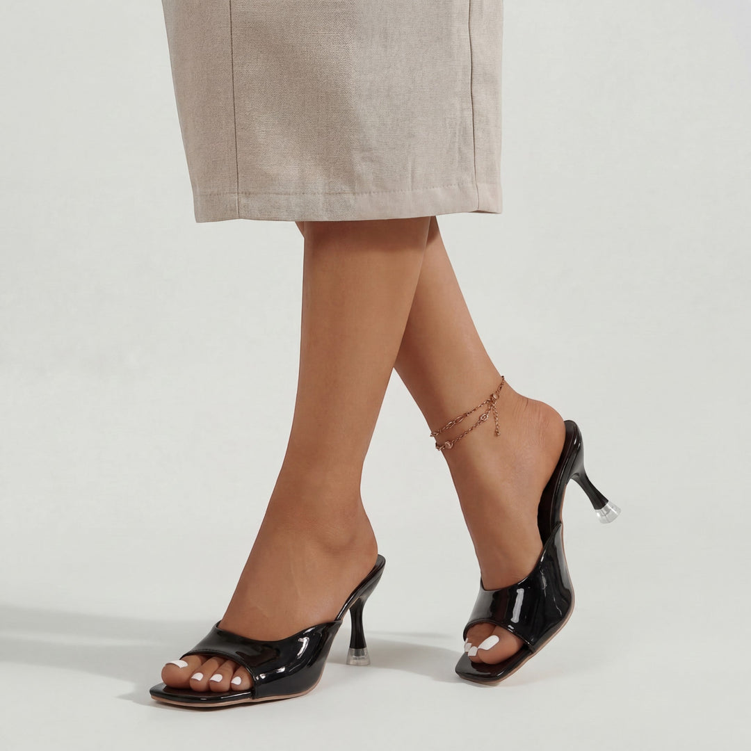 Women's Patent Leather Heeled Mules – Square Toe Slip-On Rubber Sole