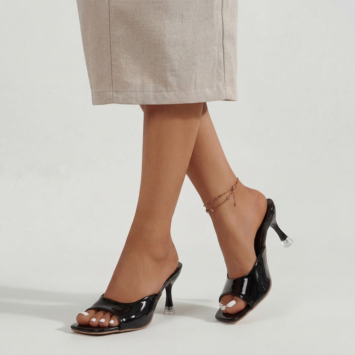Women's Patent Leather Heeled Mules – Square Toe Slip-On Rubber Sole