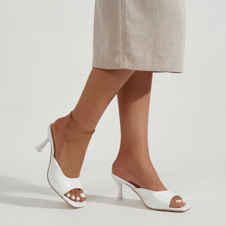 Women's Patent Leather Heeled Mules – Square Toe Slip-On Rubber Sole