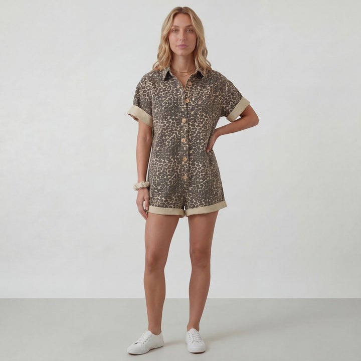 Women's Woven Fabric Romper Lightweight Short Sleeve – Elastic Waist