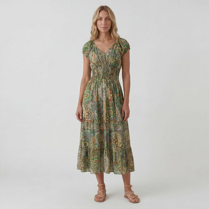 Women's Woven Fabric Maxi Dress Bohemian V-Neck – Relaxed Flowing