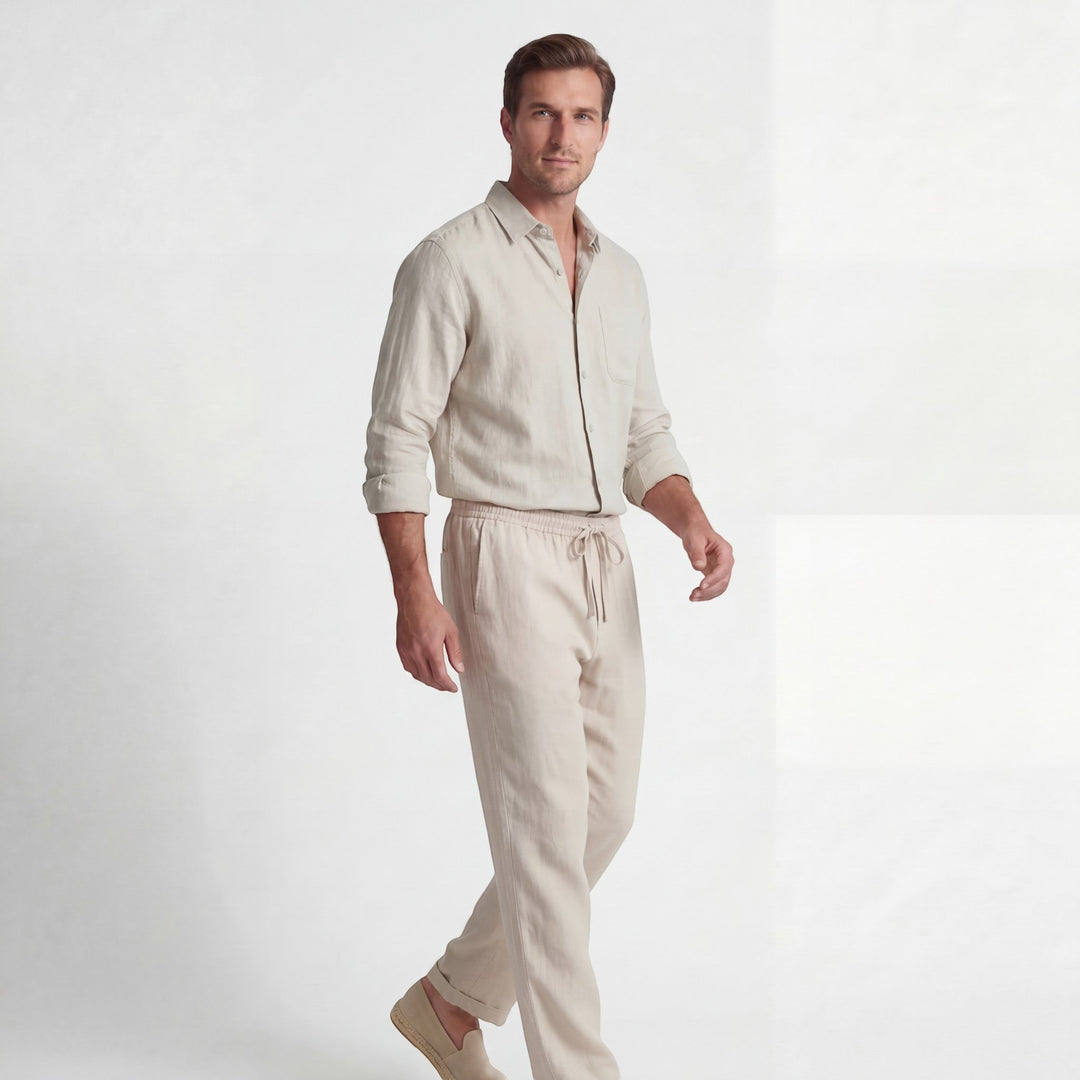 Men's Linen Shirt and Pants Set – Long Sleeve Relaxed Fit Matching
