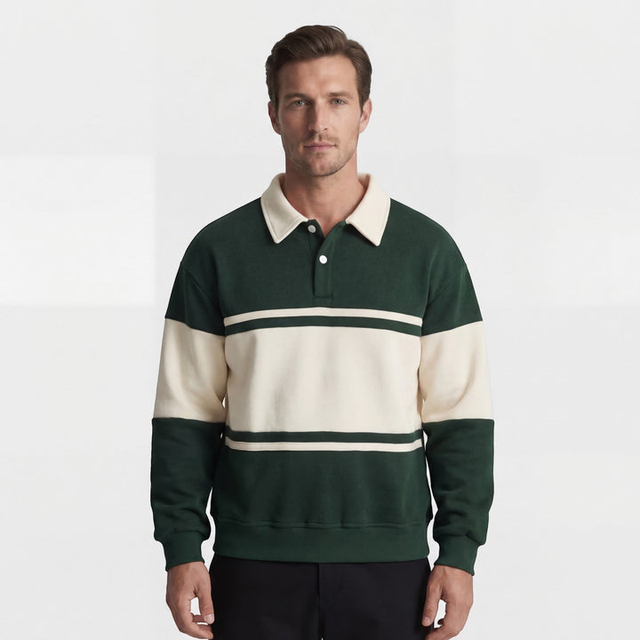 Men's Cotton Blend Sweatshirt – Polo Collar Contrast Panels Relaxed Fit