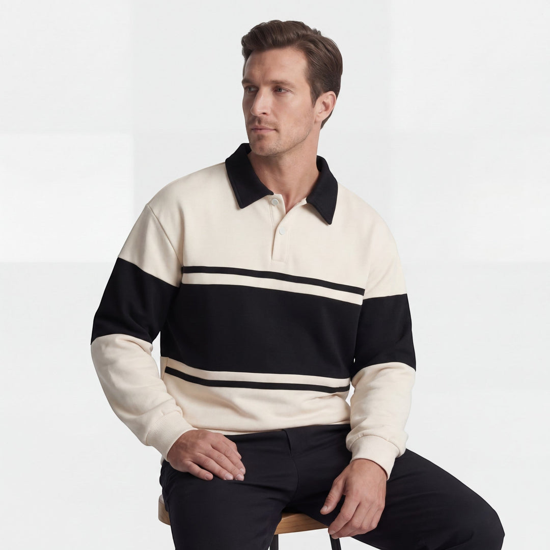 Men's Cotton Blend Sweatshirt – Polo Collar Contrast Panels Relaxed Fit