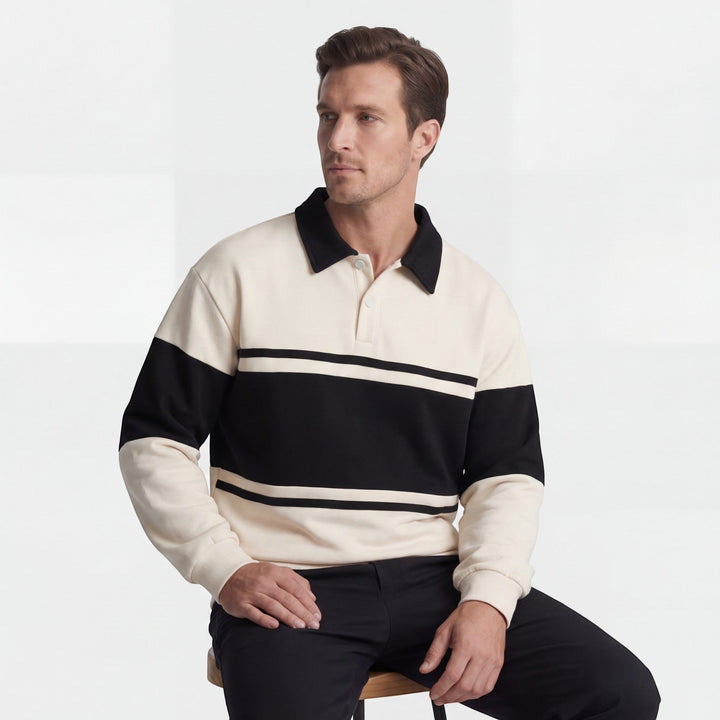 Men's Cotton Blend Sweatshirt – Polo Collar Contrast Panels Relaxed Fit