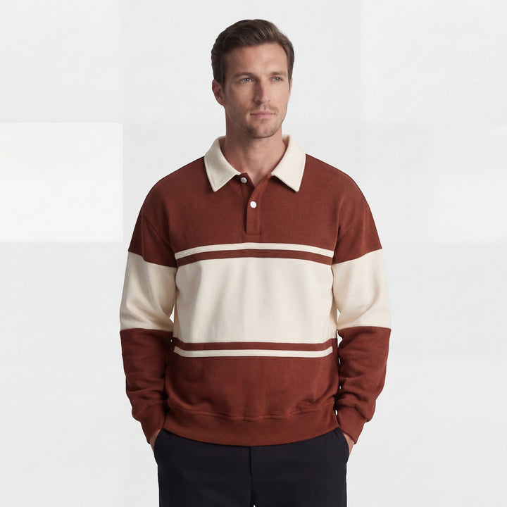Men's Cotton Blend Sweatshirt – Polo Collar Contrast Panels Relaxed Fit