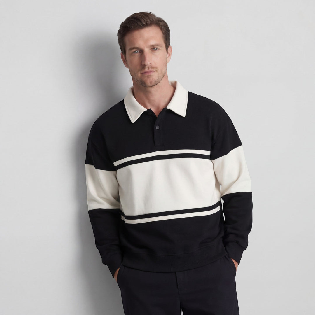 Men's Cotton Blend Sweatshirt – Polo Collar Contrast Panels Relaxed Fit