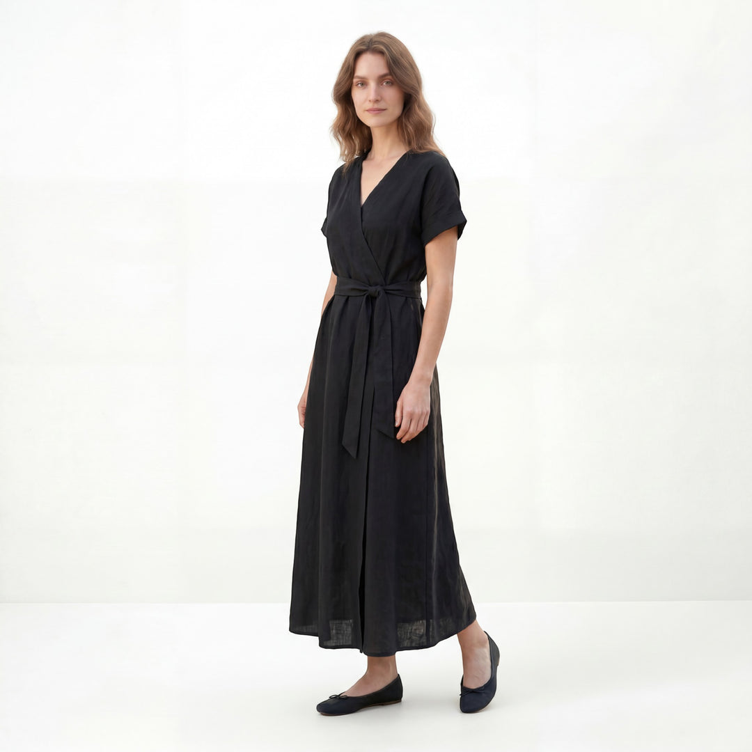 Women's Black Wrap Neckline Maxi Dress – Flowing Long Dress