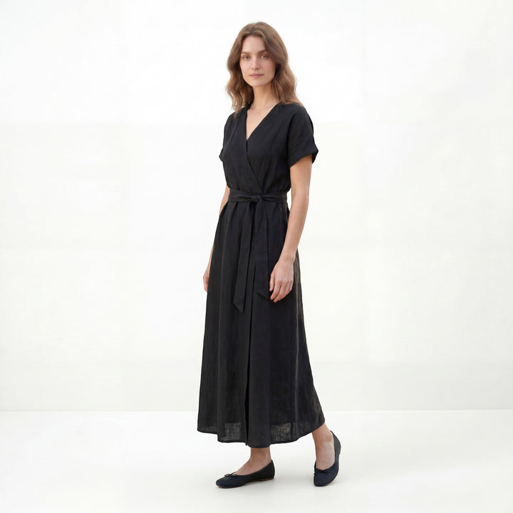 Women's Black Wrap Neckline Maxi Dress – Flowing Long Dress
