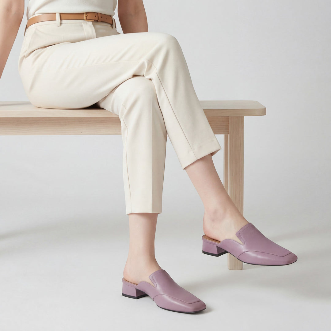 Women's Full-Grain Leather Heeled Mules Square Toe – Sheepskin Insole