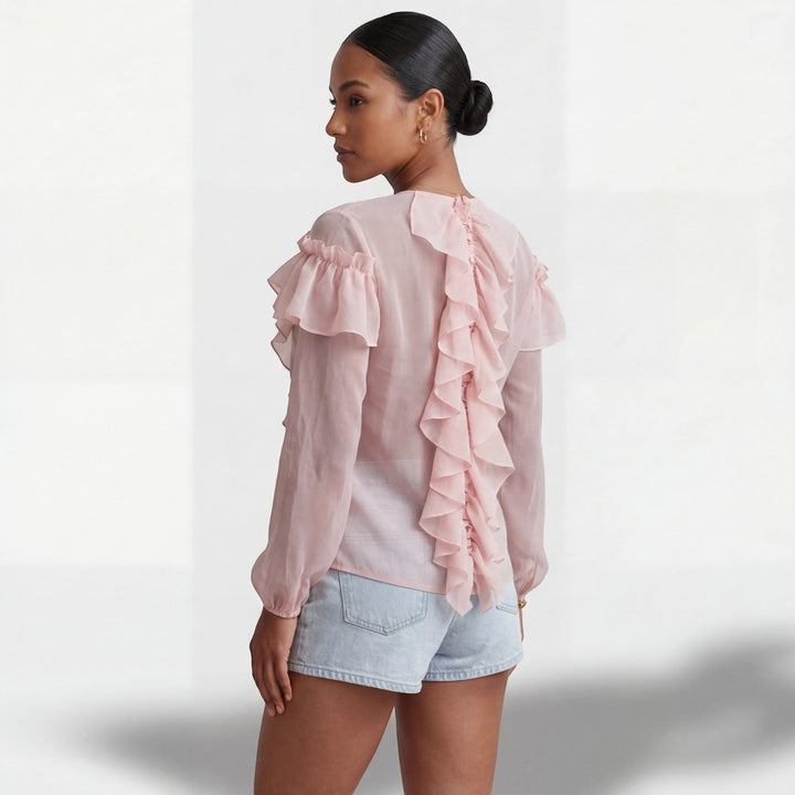 Women's Chiffon V-Neck Blouse – Ruffle Collar Long Sleeve Relaxed
