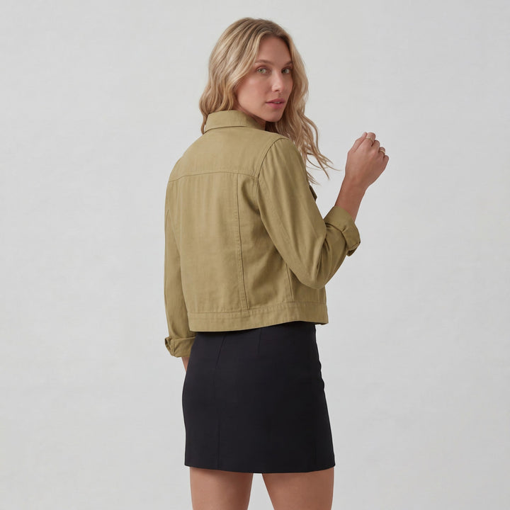 Women's Cotton Blend Cropped Jacket – Button Front Relaxed Fit Lightweight