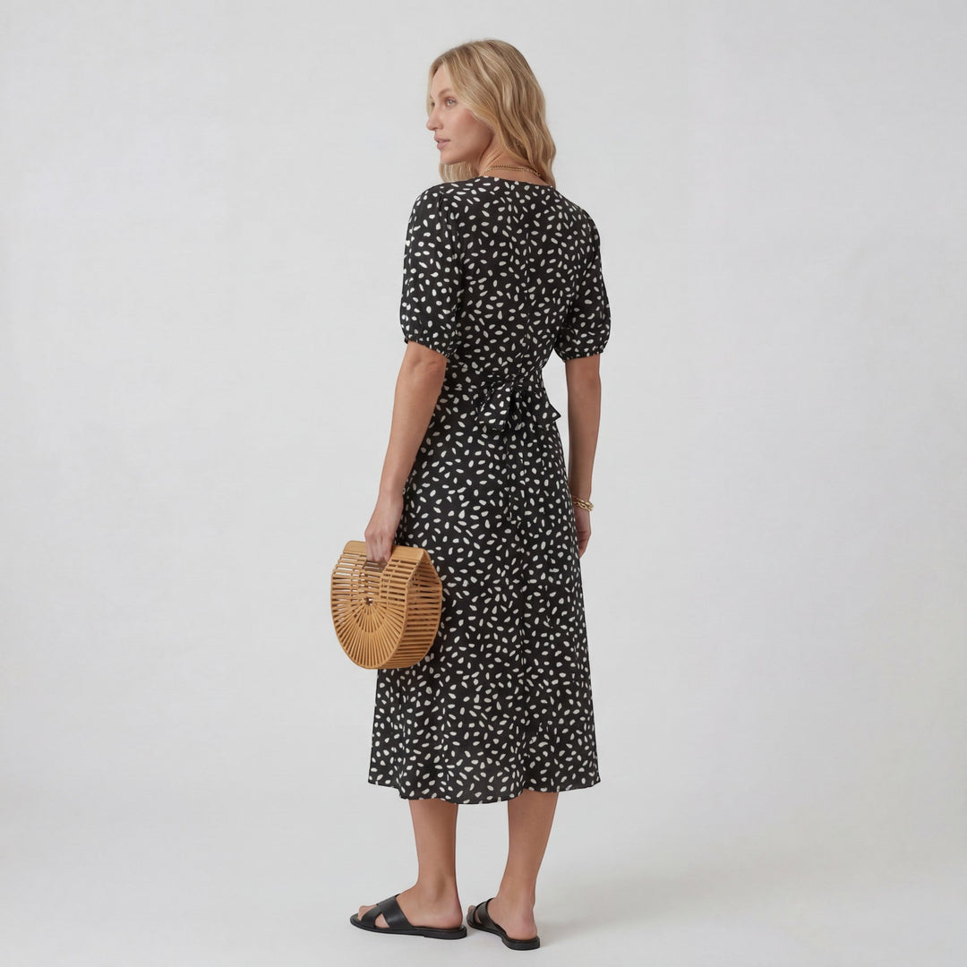 Women's Lightweight Fabric Midi Dress V-Neck – A-Line Short Sleeve Slit