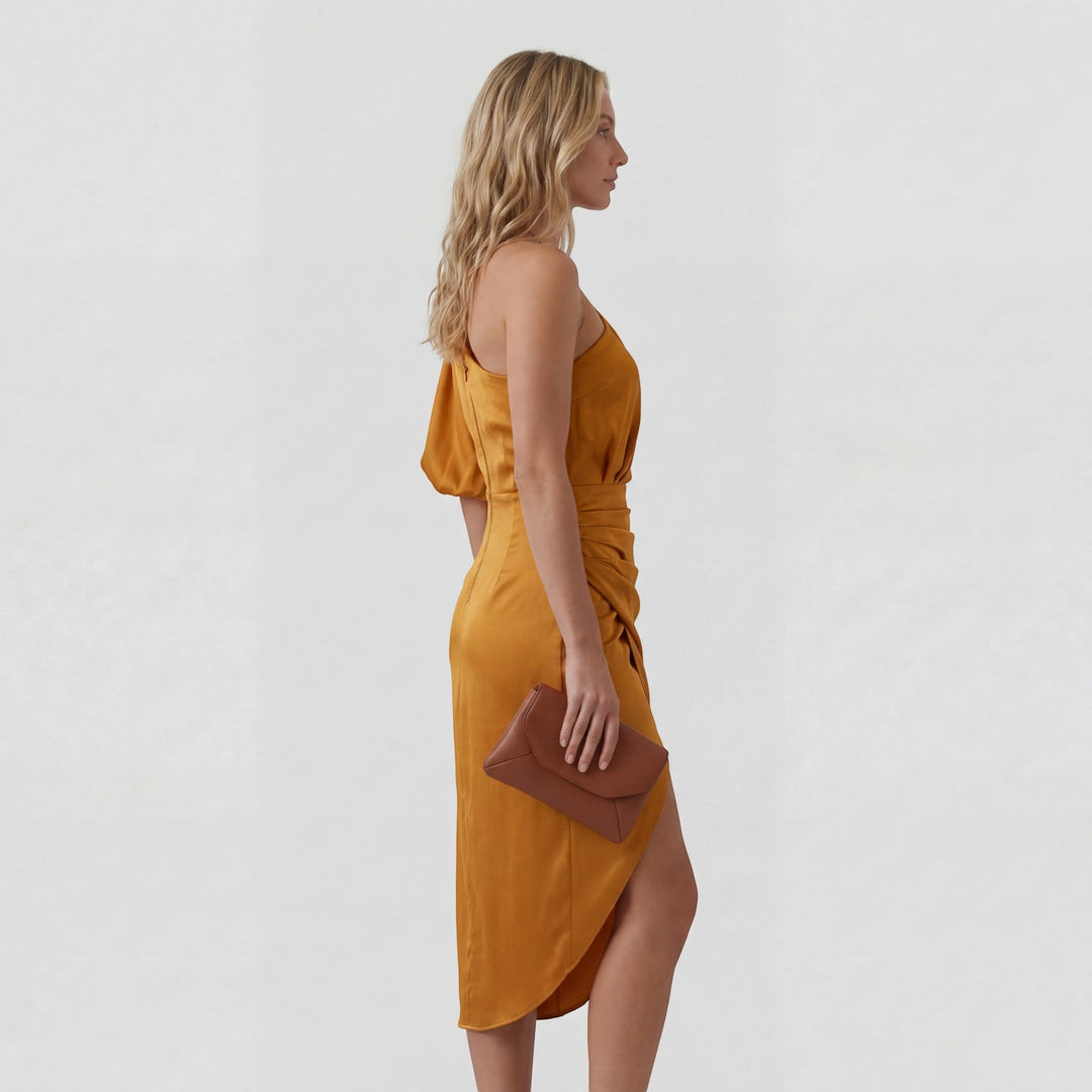 Women's Cotton Blend Midi Dress One Shoulder – Slim Fit Side Slit