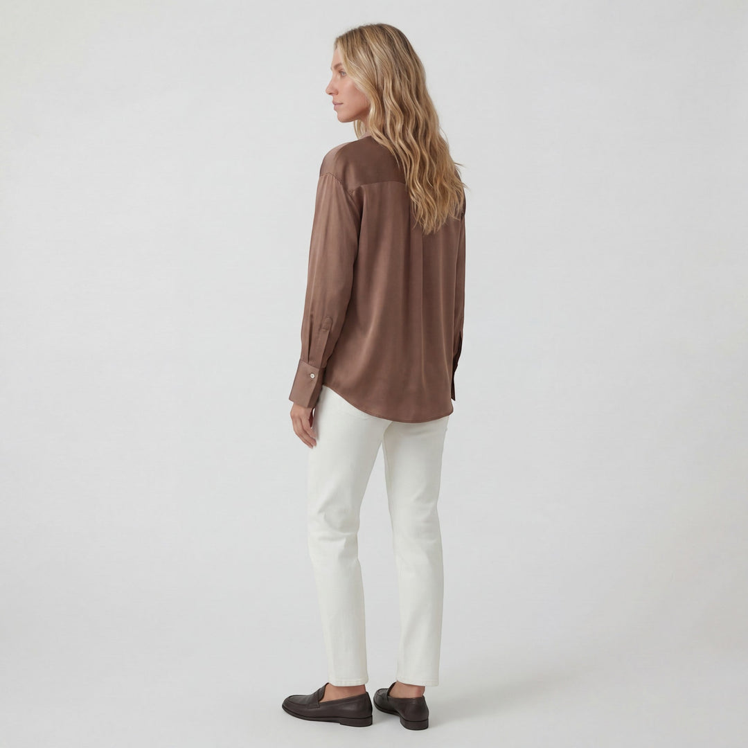 Women's Satin Long Sleeve Draped Blouse – Relaxed Fit Fluid Silhouette
