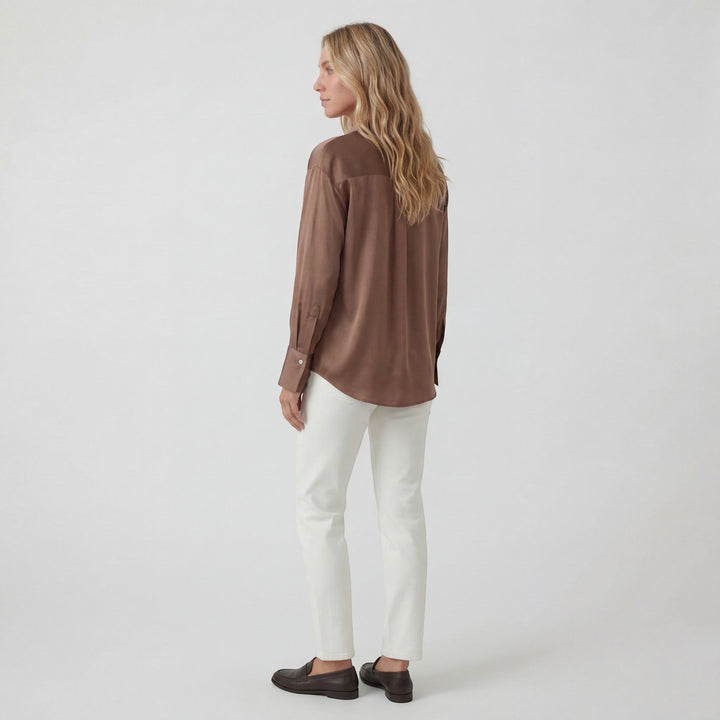 Women's Satin Long Sleeve Draped Blouse – Relaxed Fit Fluid Silhouette