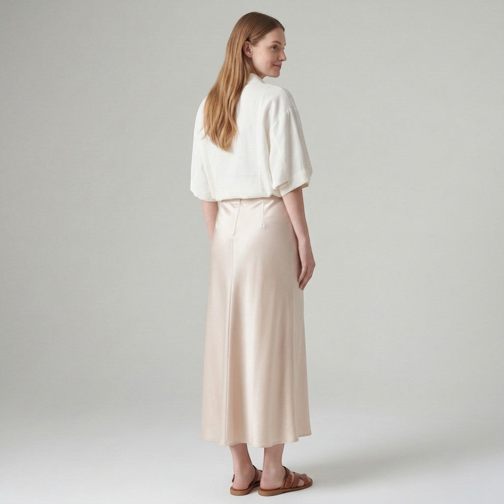 Women's Satin High-Waist Midi Skirt – Fitted Silhouette Fluid Drape