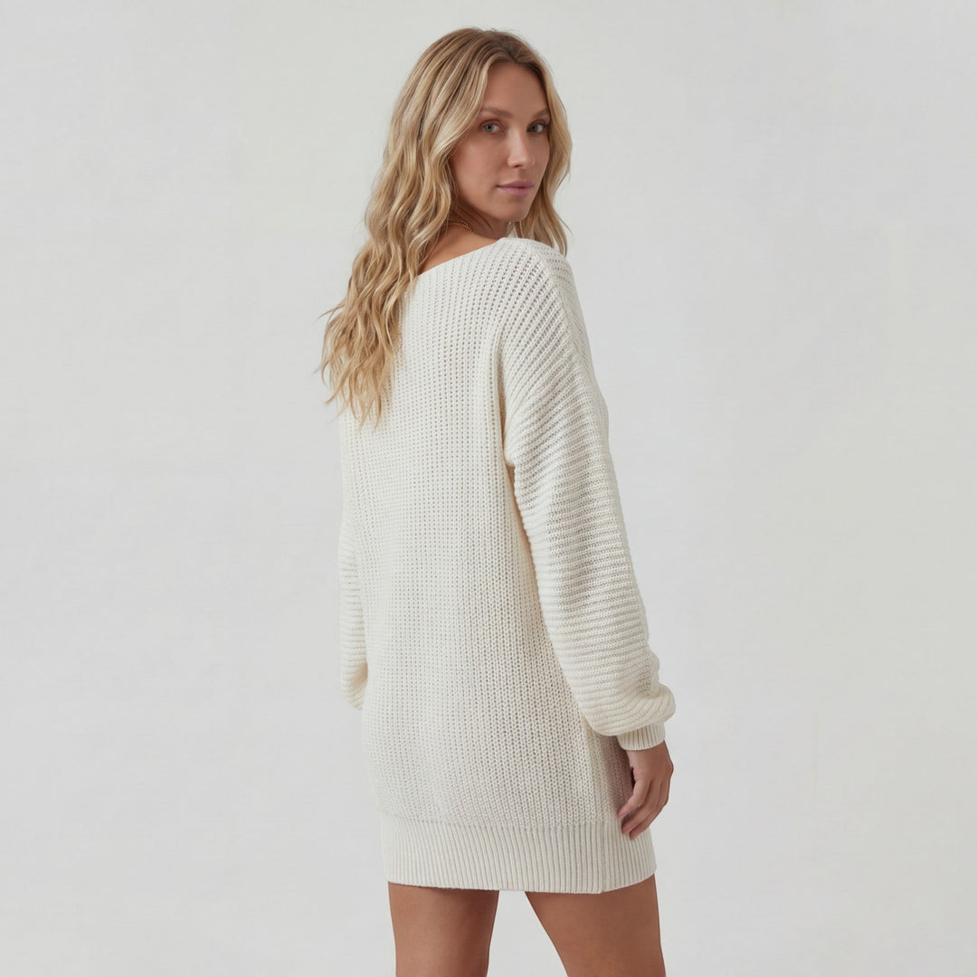 Women's Textured Knit Mini Sweater Dress – Off-Shoulder Lantern