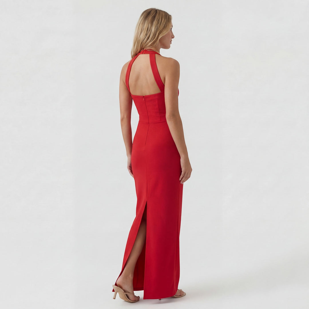 Women's Stretch Knit Maxi Dress – Halter Neck Bodycon with Open Back