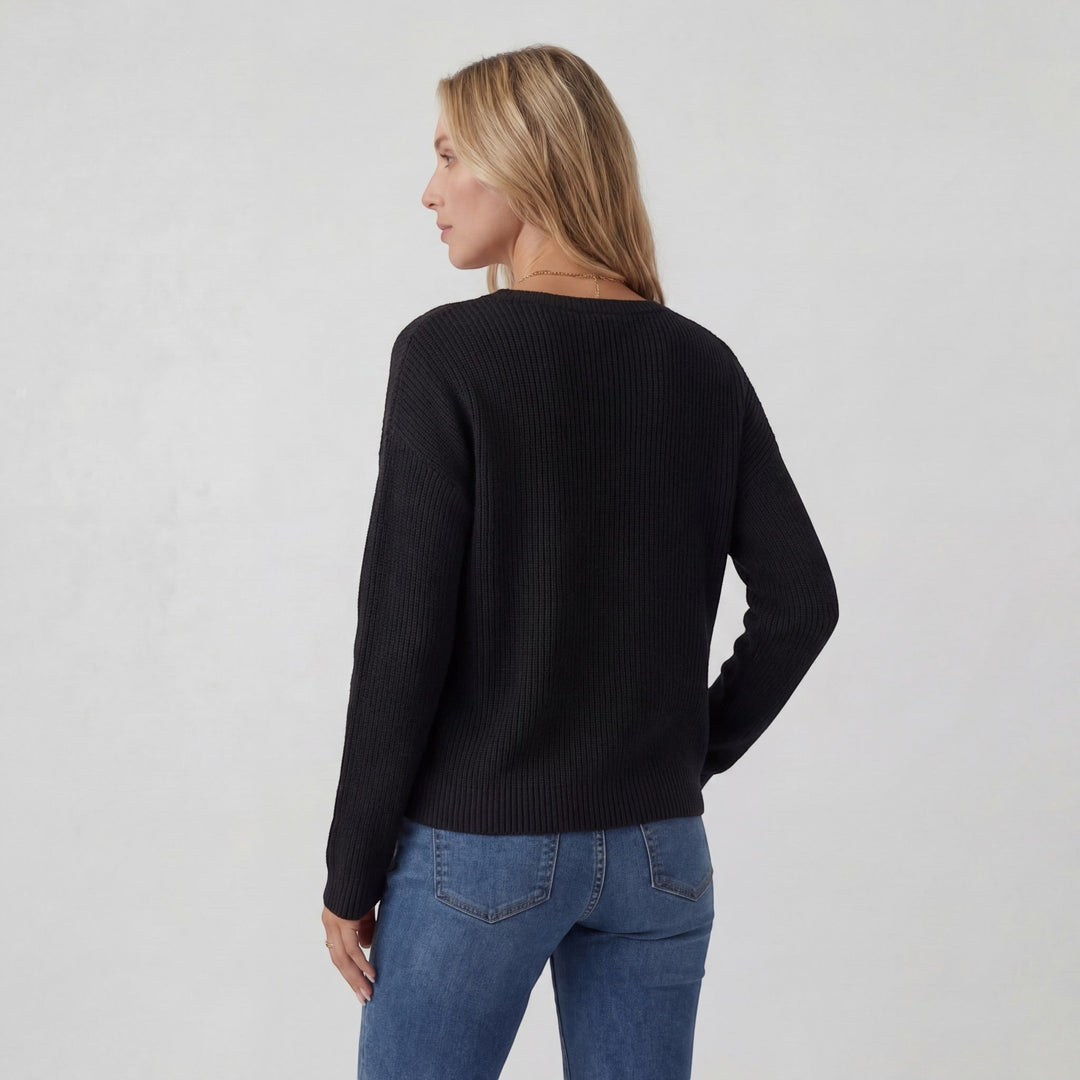 Women's Knit Sweater – Ribbed Knit Crew Neck Relaxed Fit Chest Pocket