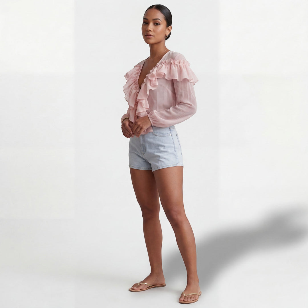 Women's Chiffon V-Neck Blouse – Ruffle Collar Long Sleeve Relaxed