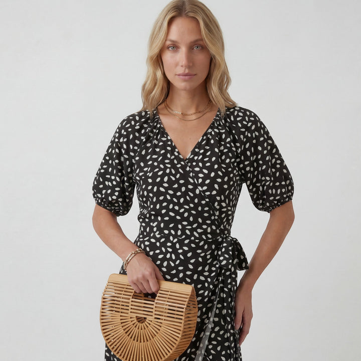Women's Lightweight Fabric Midi Dress V-Neck – A-Line Short Sleeve Slit