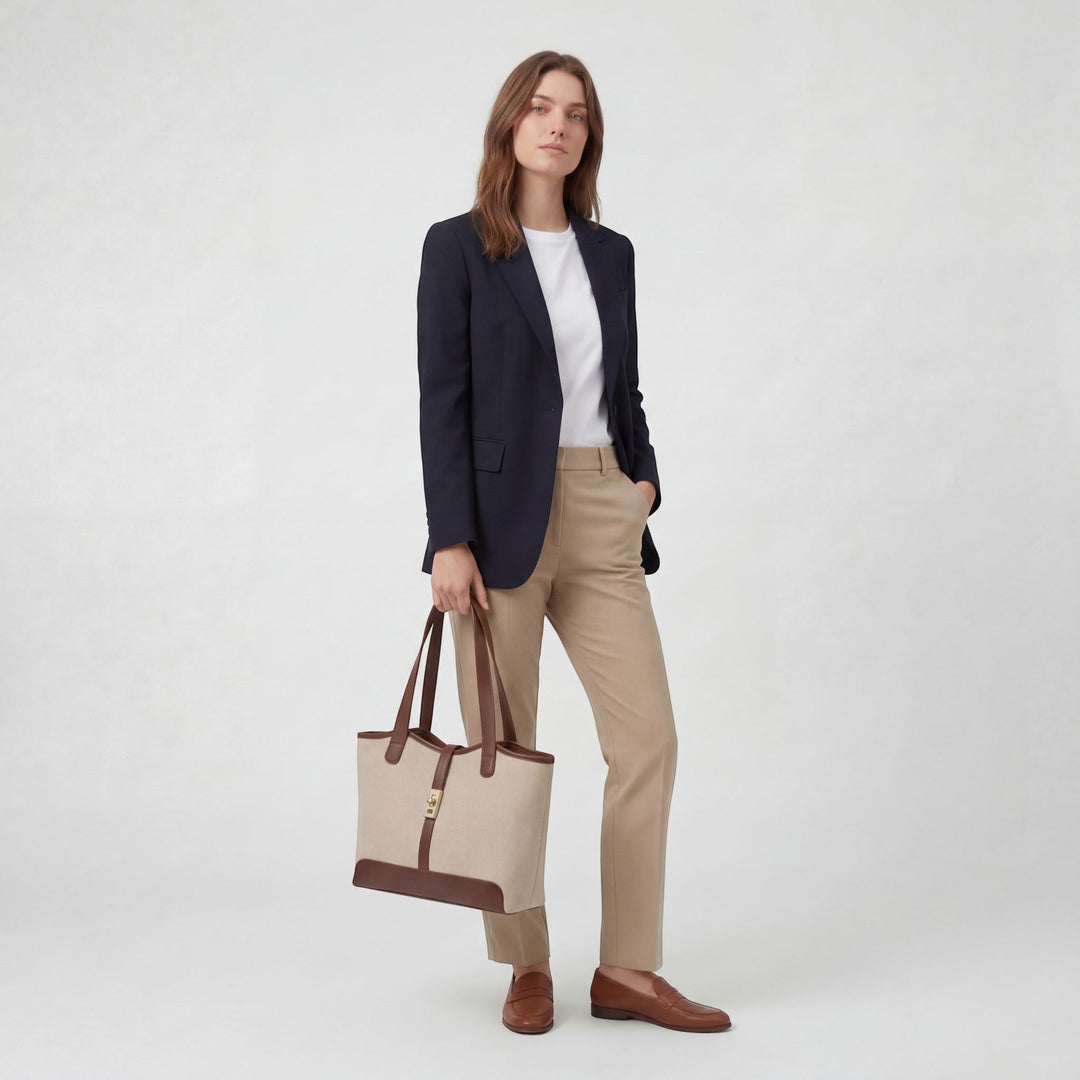 Women's Structured Canvas Tote Bag Large Capacity – Zip Double Handles